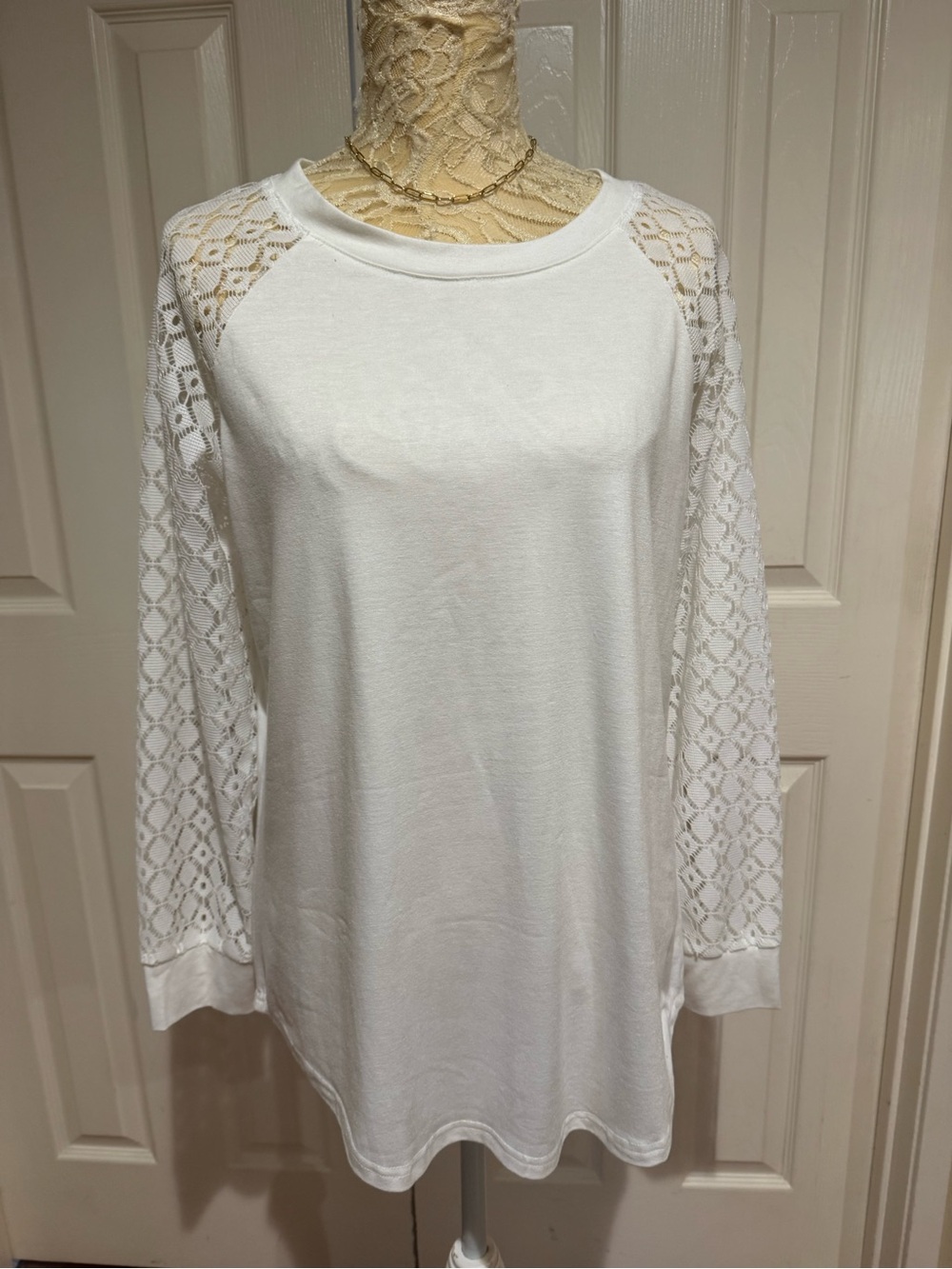 Ladies' White Long-Sleeve Lace Accent Tee